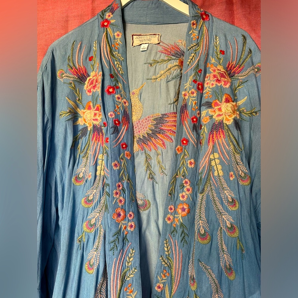 Johnny Was Blue Embroidered Crane Jacket with Pink Yellow Orange Accents - Picture 4 of 11